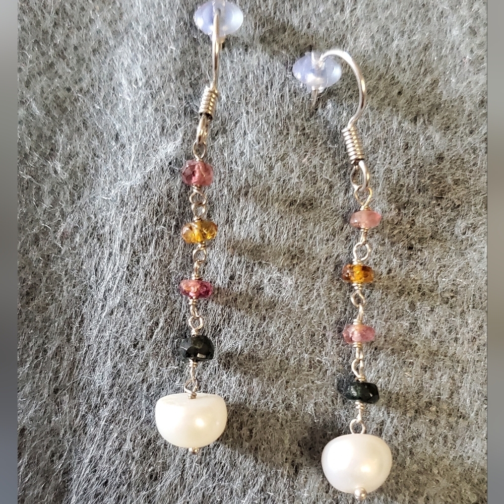 FreshwaterPearl & Multi-colored Genuine Sapphire Sterling Silver Dangle Earrings - Picture 5 of 7